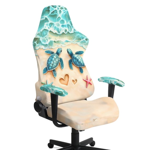 Whosucclay Beach Turtle Starfish Heart Print Gaming Chair Cover, Stretchable Machine Washable Computer Chair Seat Slipcovers with Armrest Cover Fits Most Office/PC Chairs & Racing Style Seats