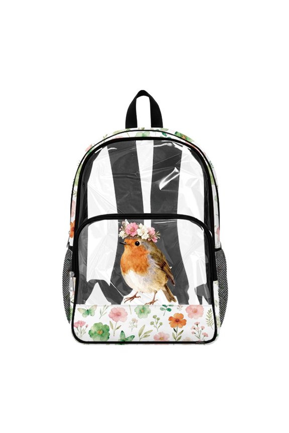 Bird and Floral Bookbag with Side Pockets Wide Shoulder Straps Transparent Backpack, Large Capacity 17 Inch See Through Bookbag for Travel Concerts