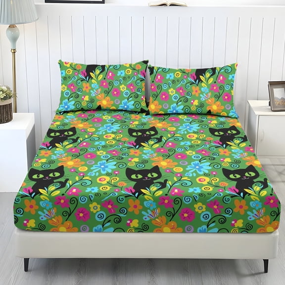 Whosucclay Black Cat Floral Pattern 3 Piece Fitted Bedding Set, Cozy Soft Fitted Sheet Set with 1 Fitted Sheet and 2 Pillowcases, No Flat Sheet, All Season Bed Linen, Queen Size