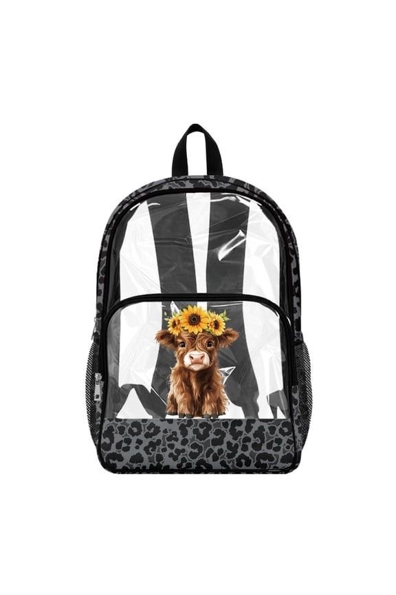 Black Leopard Print Highland Cow Bookbag with Large Capacity Laptop Backpack, Adjustable Straps 17 Inch Clear Backpack for Camping Travel