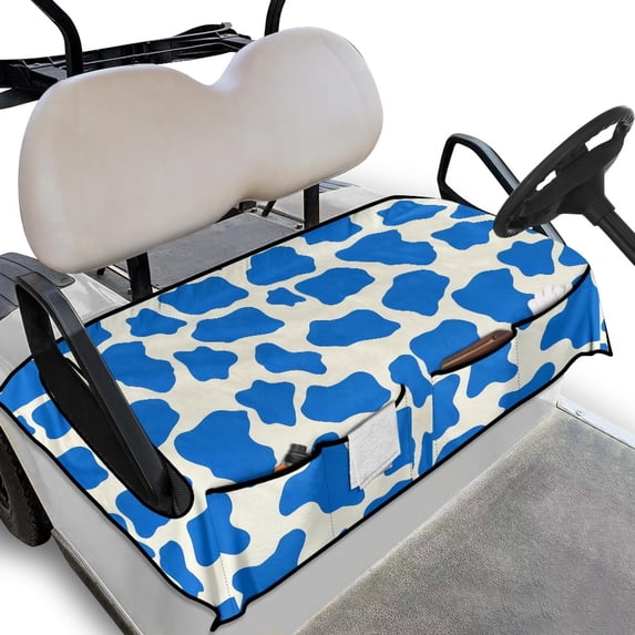 Whosucclay Blue Cow Print Golf Cart Seat Blanket, Anti-Scratch 4 Storage Pockets Golf Cart Seat Protector for More 2 Person Seats Wear-Resistant Cover, 52.36"x 32.28"