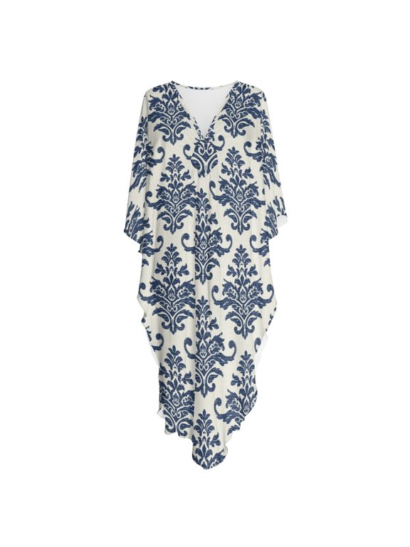 Blue Damask Pattern, Caftan Cover Up Dress for Women One-Piece Moo Moo Dress Oversized Side Slit Maxi Dress for Tropical, 2026 Summer