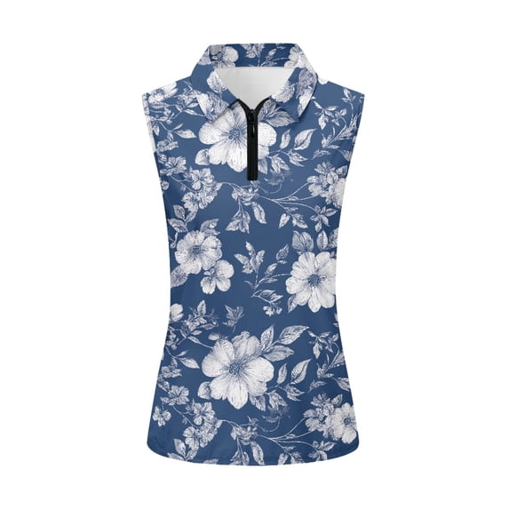 Whosucclay Blue-Floral Athletic Shirt for Female, Elastic Stretchy Comfortable Workout Tank Tops for Tennis Indoor Running Golf