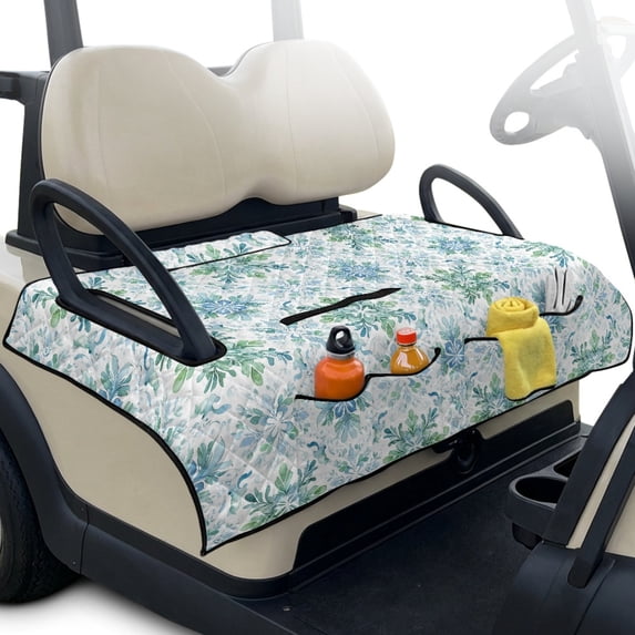 Whosucclay Blue Floral Leaves Golf Cart Accessories, Foldable Golf Cart Seat Covers Comfortable 4 Storage Pockets for Club Car EZGO Yamaha Carts