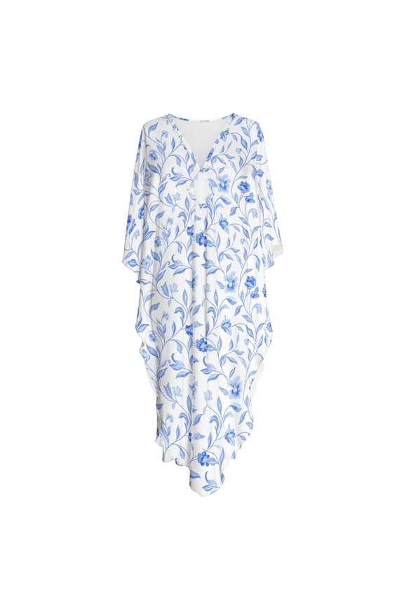 Blue Floral Print, Kaftan Maxi Cover Up Dress for Women Kimono Style Moo Moo Dress Plus Size Casual One-Piece Bathing Suit Cover Up for Resort Wear