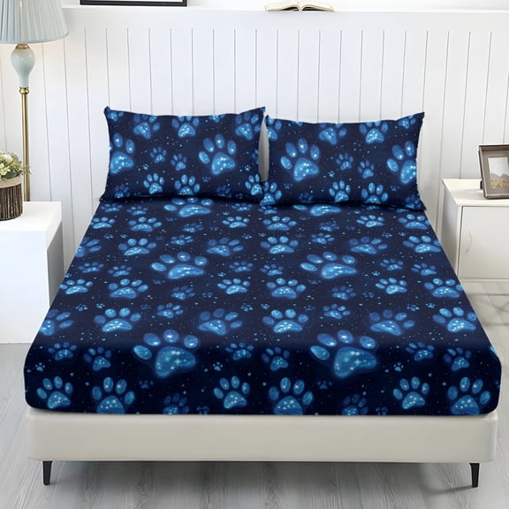 Whosucclay Blue Galaxy Paw Print 3 Pieces Fitted Sheet Set for Kids Girls, Comfy Stretchy Fitted Sheets for Bedroom, Twin Size