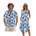 thumbnail image 1 of Whosucclay Blue Palm Tree Print Hawaii Couple Matching Outfits Men's Hawaiian Button Down Shirt or Women's Sleeveless Summer Dress with Pockets Beach Luau Party Clothes for Husband Wife, L, 1 of 7