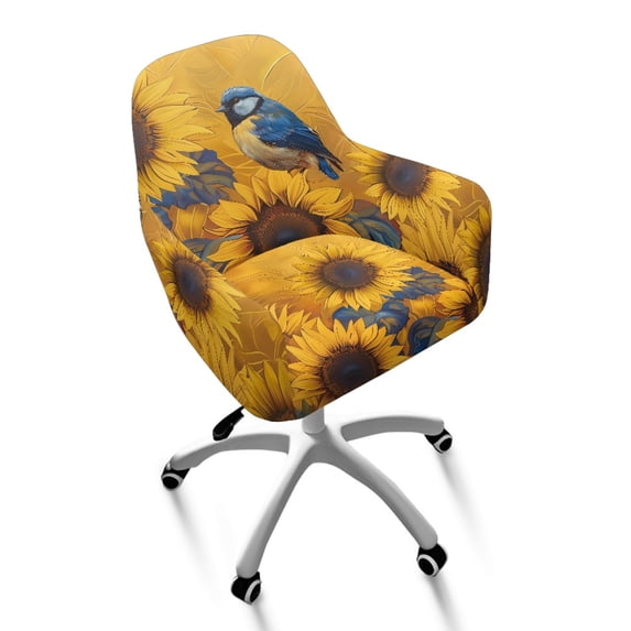 Whosucclay Blue Robin Bird Sunflower Print Curved Back Chair Covers with Arms Washable Swivel Armrest Accent Chair Covers Non-Slip Soft Dining Chair Slipcovers for Dining Room, Bar, Party