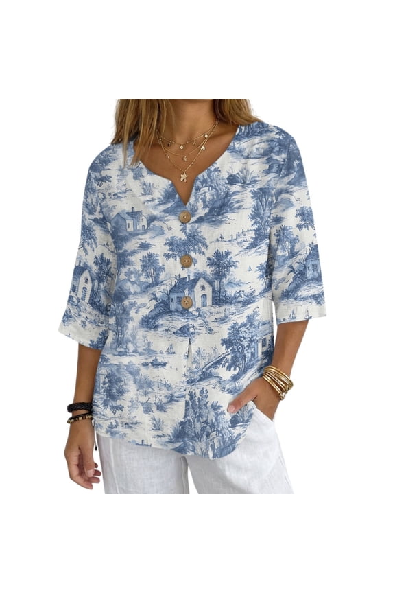 Blue Toile Landscape Print 3/4 Sleeve Imitation Linen-Like Blouse, Comfortable Button Down Women's Imitation Linen-Like Blouse for Spring Daily Wear Summer Getaway, Size Large