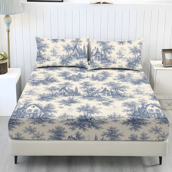 Whosucclay Blue Toile Print Elastic Band 3 Piece Fitted Bedding Set with Household for Girls Women, Wrinkle Resistant Comfort Durable Fitted Sheets, Twin Size