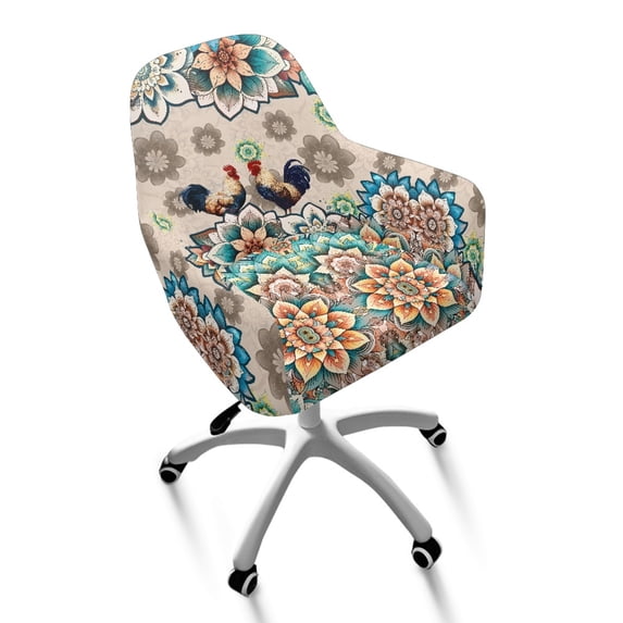 Whosucclay Boho Mandala Rooster Chicken Print Curved Back Chair Covers with Arms Easy to Install Curved Dining Chair Protector Covers Spandex Office Chair Slipcovers for Kitchen, Party, Banquet
