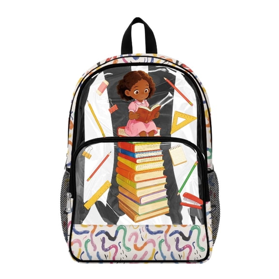 Whosucclay Book Stack Pattern Shoulder Bag with Multi-Pocket Adjustable Straps Daypack, Wide Shoulder Straps 17 Inch Transparent PVC Bag for School Stadium Work