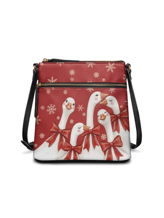 Bow Goose Snowflake Print Crossbody Purse for Women, PU Leather Shoulder Handbag with Adjustable Strap, Cute Satchel for Holiday, Lovely Gift for Mom Wife Girlfriend