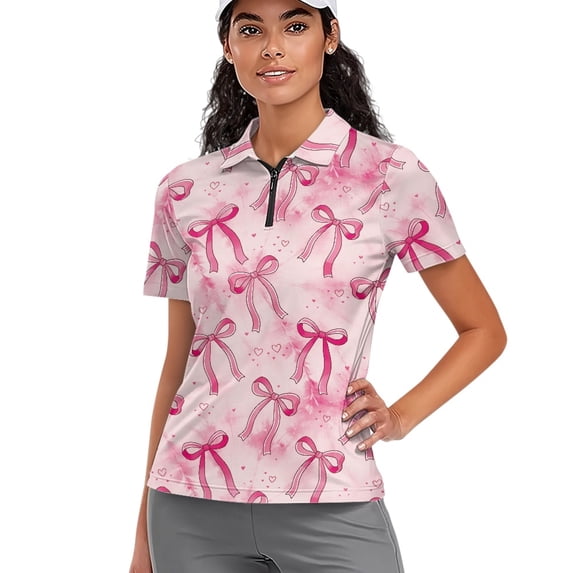 Whosucclay Bow Scarf Pattern Lightweight Women Zip Golf Shirts for Tennis Outdoor Athletic, Breathable Polo Shirts 1/4 Zip Polyester Athletic Tops Size Large