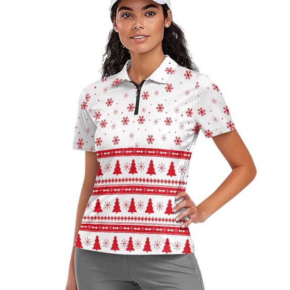 Whosucclay Breathable Golf Polo Tops for Tennis Outdoor Hiking, Polyester Lightweight Quick Dry Tennis Shirts, Christmas Tree Snowflake Pattern Size Medium