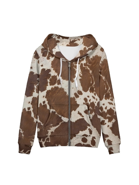 Brown Cow Print Women's Full Zip Up Hoodie with Kangaroo Pockets, Regular Shoulder Cut Relaxed Fit Flattering Silhouette Soft Casual Outerwear for Daily Wear & Outdoor