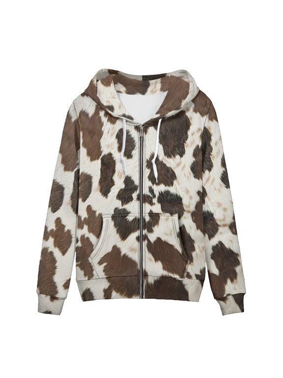Brown Cow Print Women’s Zip Up Hoodie Casual Regular Shoulder Design Loose Fit Flattering Silhouette with Pocket Soft Breathable for Daily Wear Outdoor Activities