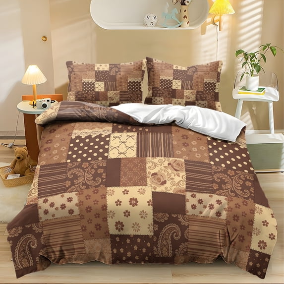 Whosucclay Brown Patchwork Quilted Pattern 3 Pieces Bedding Duvet Cover ...