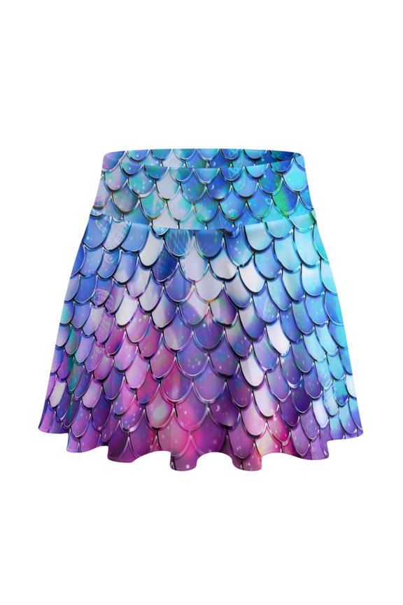 Built-in Shorts Tennis Skirt for Golf Training, Mermaid Scale Print Polyester Spandex Stretchy Athletic Skorts 2 Side Pockets, Size XX-Large