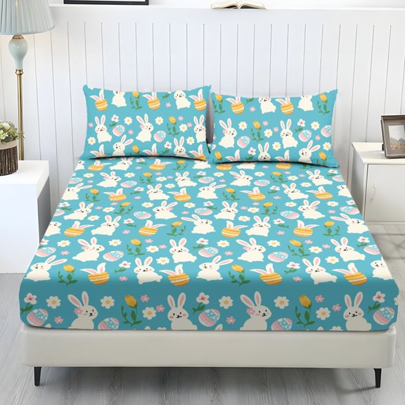 Whosucclay Bunny Egg Pattern 3Pc Fitted Sheets for Men Teens, Smooth Soft Fitted Sheet Set for Dorm, King Size