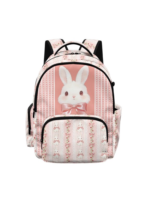 Bunny Stripe School Bookbag Large Capacity Adjustable Shoulder Straps Satchel with Padded Straps, High School Backpack with Front Pocket for Boys Girls