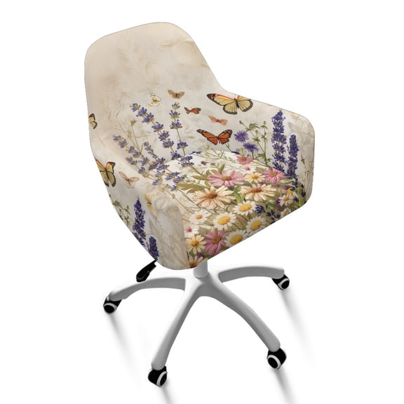 Whosucclay Butterfly Daisy Lavender Print Curved Back Chair Covers with Arms, Water Resistant Dining Chair Slipcovers, Elastic Bar Stools Covers, Spandex Curved Back Armrests Chair Protector