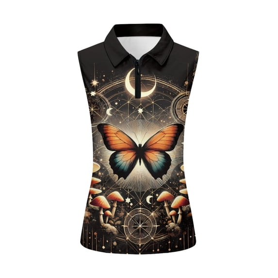 Whosucclay Butterfly Mushroom Women's Sleeveless Golf Shirts for Ladies, Relaxed Wrinkle Slim Stretchy Womens Golf Shirt for Hiking Daily Sports Athletic Tennis