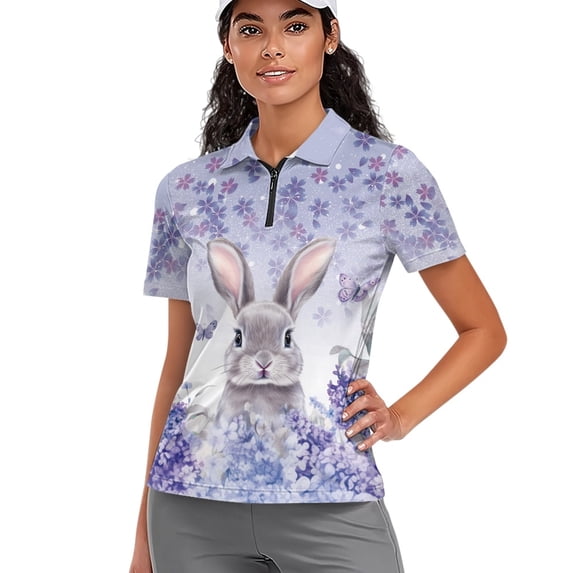 Whosucclay Butterfly Rabbit Tennis Shirts for Golf Workout, Breathable Polyester Golf Shirt Anti Wrinkle Stand Collar V Neck Golf Shirts for Women Size Large