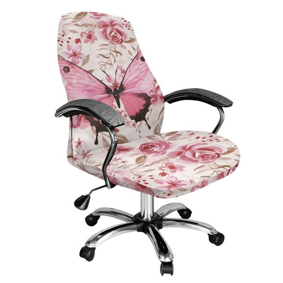 Whosucclay Butterfly Rose Print Computer Office Chair Cover, Waterproof Office Chair Cover Thick Desk Chair Cover Water Resistant High Back Chair Slipcover Non Slip Chair Seat Protector-L