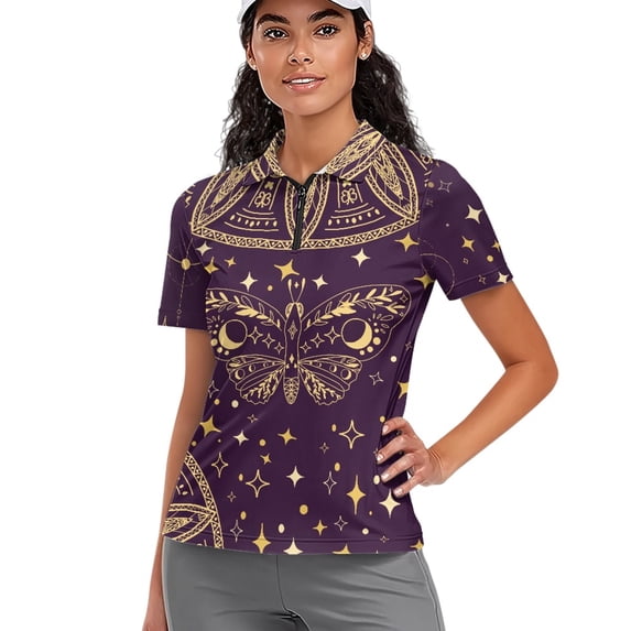 Whosucclay Butterfly and Star Pattern Daily Going Out Tennis Shirts for Golf Sport Bowling, Stretch Golf Polo Tops Lightweight Polyester Polo Shirts Size Large