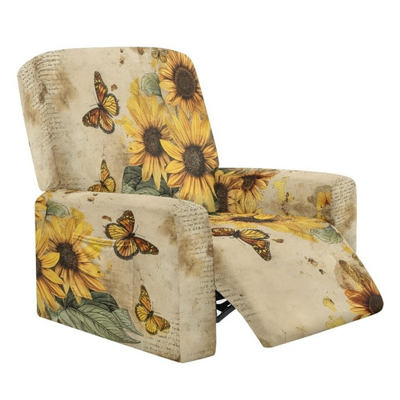 Whosucclay Butterfly Sunflower Letter Print Recliner Slipcover Stretch Reclining Chair Covers 4 Pieces Non Slip Recliner Sofa Slipcovers with Pocket Fitted Sofa Couch Cover for Pet Kid Living Room