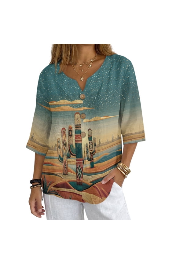 Button Front Imitation Linen-Like Blouse, Cactus Desert Print Loose V Neck Women's Linen-Like Look Shirt for Vacation Spring Weekend, Size X-Large