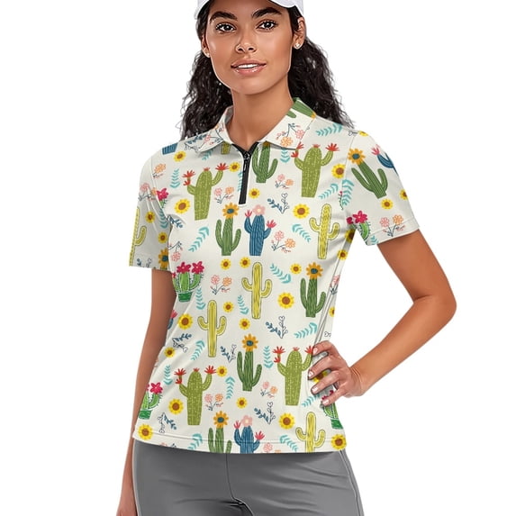 Whosucclay Cactus Pattern Tennis Shirts, Lightweight Quarter Zip Elastic Tennis Short Sleeved Shirt for Golf Summer Shopping Half Zip Size X-Small