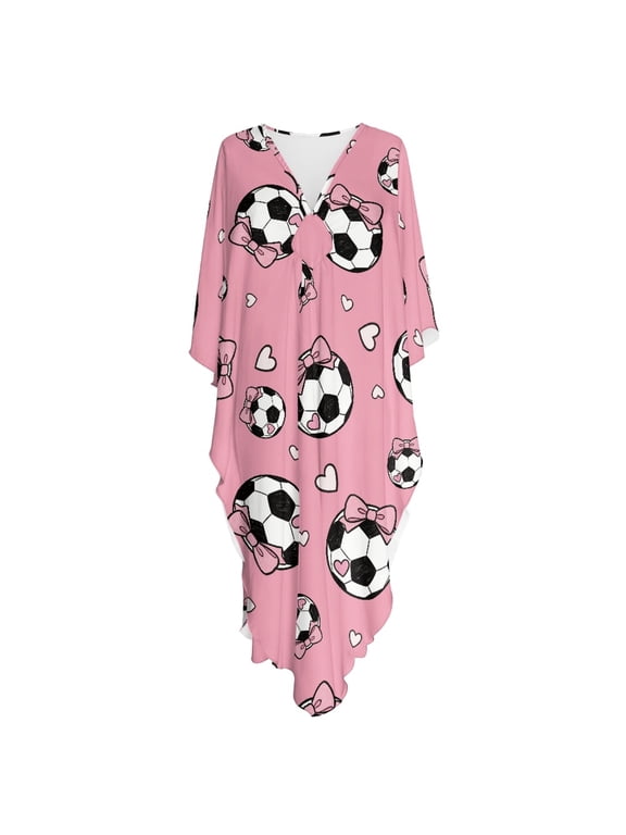 Caftan Dress Plus Size Batwing Sleeve Caftan Maxi Dress Kaftan Dress, V Neck Batwing Sleeve Soft Kaftan Dress, Bow-adorned Soccer Ball & Heart Pattern