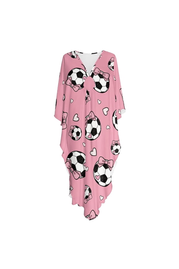 Caftan Dress Plus Size Batwing Sleeve Caftan Maxi Dress Kaftan Dress, V Neck Batwing Sleeve Soft Kaftan Dress, Bow-adorned Soccer Ball & Heart Pattern