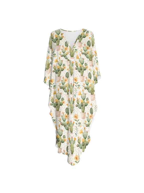 Caftan Dress Plus Size Breathable Kaftan Dress Caftan Cover Up, Side Slit Maxi Length Dress, Cactus