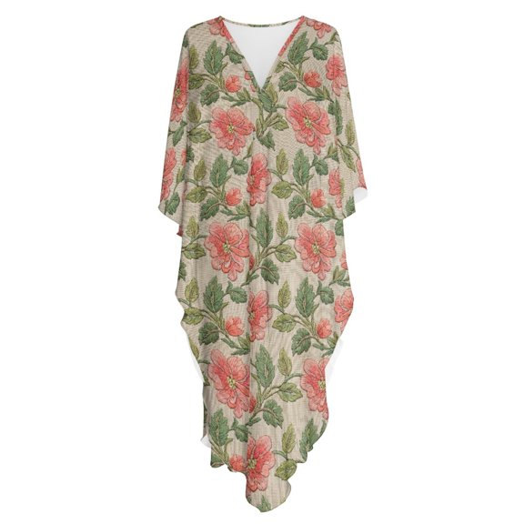 Whosucclay Caftan Dress Plus Size Breathable Swimsuit Cover Up Maxi Dress, V Neck Batwing Sleeve Caftan Cover Up Dress, Pink Floral Print