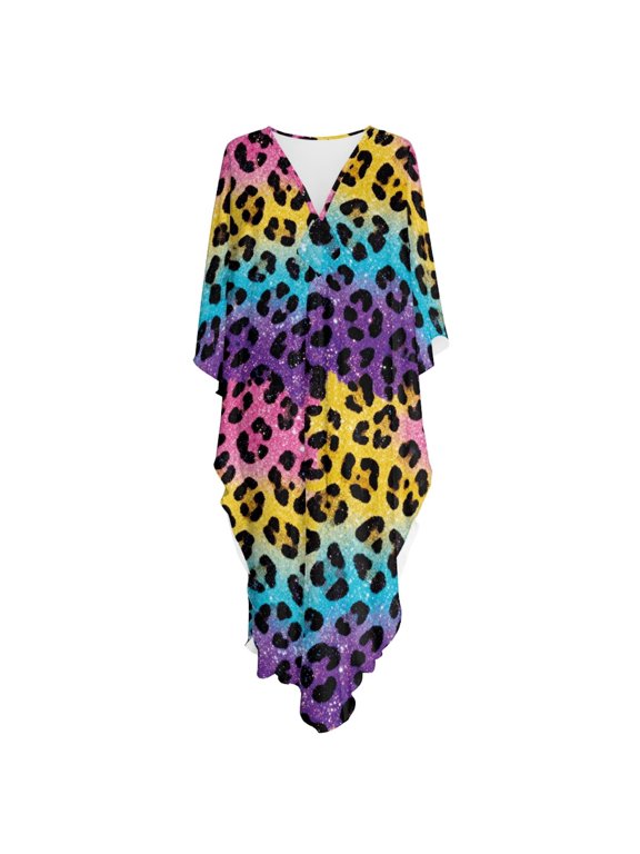 Caftan Dress for Women Rainbow Leopard Plus Size Flowy Maxi Length Kaftan Dress Moo Moo Dress for Home & Beach Vacation