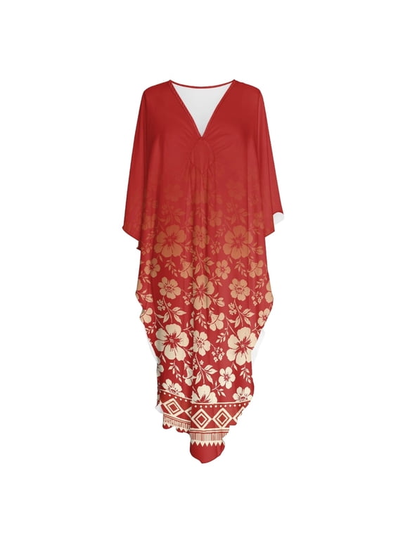 Caftan Maxi Cover Up Dress Plus Size Kimono Style Kaftan Beach Cover Up Dress Bathing Suit Cover Up, V Neck Batwing Sleeve Loose Fit Kaftan Dress