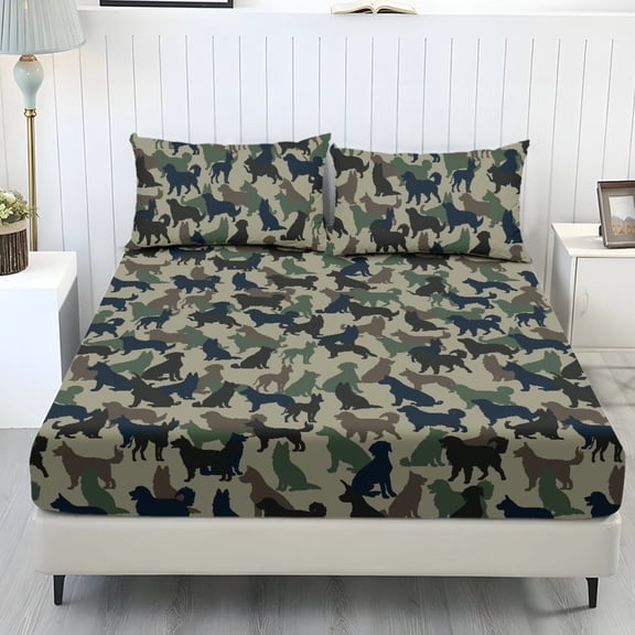 Whosucclay Camo Dog 3Pc Fitted Sheet Set, Soft Bed Linen for Bedroom, Fitted Sheet & 2 Pillowcases, No Flat Sheet Included Smooth Long Lasting, Twin Size