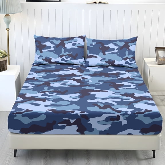 Whosucclay Camouflage 3 Piece Fitted Sheets, Deep Pocket Fitted Sheet Set for Room Decor, 1 Fitted Sheet and 2 Pillowcases, No Flat Sheet Full Wrap Skin-Friendly, Twin Size