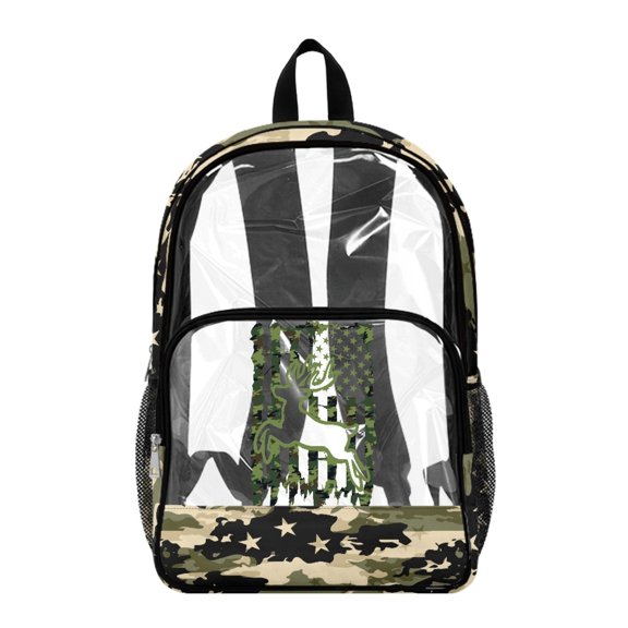 Whosucclay Camouflage with Deer Pattern 17 Inch Clear Backpack, Adjustable Straps Transparent Clear Backpack, Large Capacity School Bag for Preschool Middle School