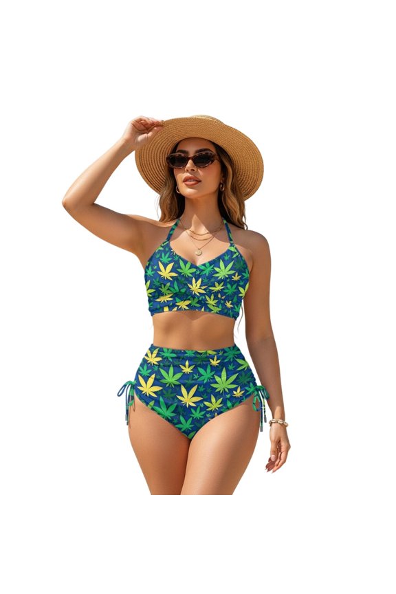 Cannabis Leaf Pattern Knot Front High Waisted Bikini Sets Sexy Women's Swimsuit Drawstring 2 Piece Set Two Piece Bikini Set Tie Side Lightweight Size XX-Large