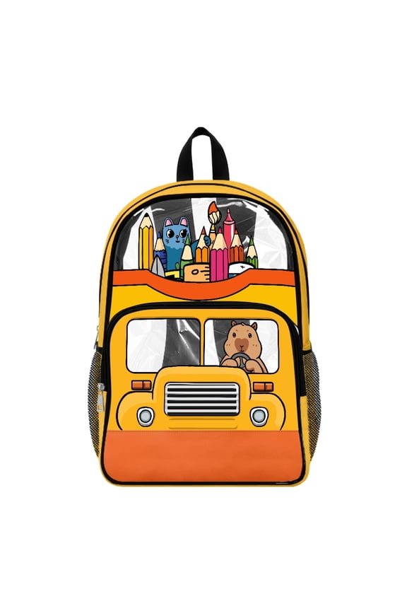 Capybara Driving Truck 17 Inch Clear Backpack, Wide Shoulder Straps Bookbag, Transparent Side Pockets School Bag for Elementary Kindergarten Preschool