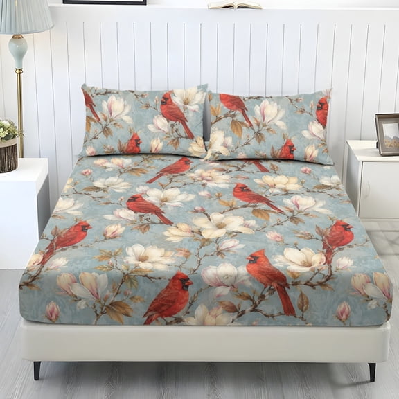 Whosucclay Cardinal Floral Print 3 Piece Fitted Set with Elastic Soft, Fitted Sheet & 2 Pillowcases, No Flat Sheet Included Fitted Sheet Set for Home Decor Hotel, Twin Size