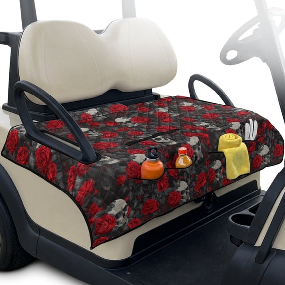 Whosucclay Cart Seat Towel for EZGO Club Car, Travel Ready Design 4 Front Pocket Quilted Golf Cart Seat Covers All-Weather Protection, Skull Red Rose Pattern