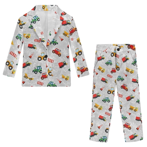 Whosucclay Cartoon Construction Vehicle Pattern, Elastic Waist Polyester Boys Suit Two Pockets Soft Boys Suit Set for School Wedding Party