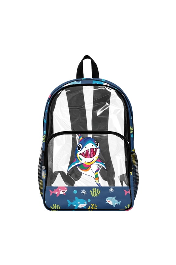 Cartoon Underwater Shark & Starfish See Through Bookbag with Heavy Duty Adjustable Straps Backpack, Side Pockets 17 Inch Clear PVC Backpack for School