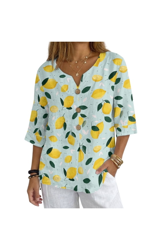 Casual Imitation Linen-Like Blouse for Holiday Travel, Lemon Pattern Comfortable Button Down Top Shirt Loose Fit, Size Large