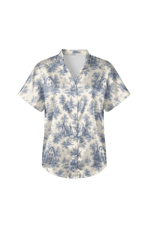 Casual Women's Satin Roll-Up Sleeve Dress Shirt, Street Wear Formal Blouse, Work Business Short Sleeve T-Shirt, Blue Toile Print, Size XX-Large